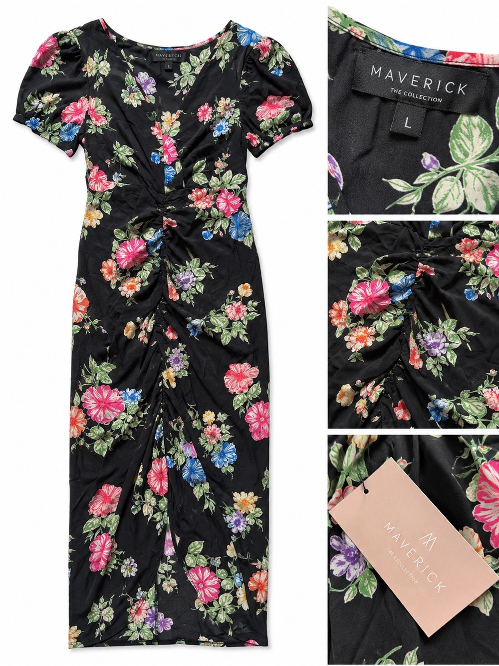 Maverick The Collection Floral Ruched Midi Dress Size Large NWT Black Multicolor